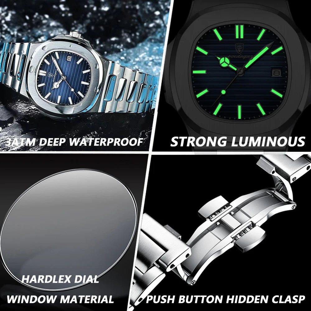 POEDAGAR Men's Square Luxury Watch — Waterproof Luminous Stainless Steel Sport Quartz Wristwatch — view 5 of watches