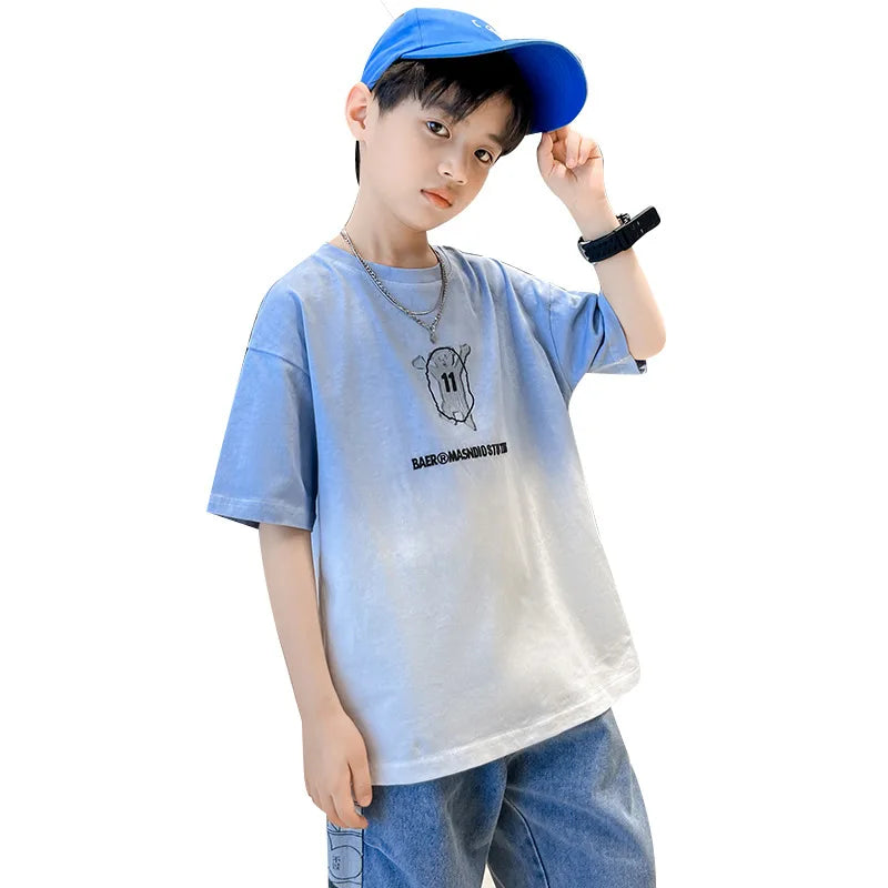 Summer Gradient Sport T-Shirt – Junior Boys’ Casual Short-Sleeved O-Neck Top