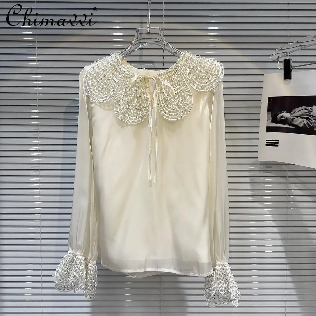 2024 Autumn New French Fashion Pearl Lotus Leaf Neck Long Sleeve Shirt Sweet Girl Ladies Elegant Celebrity Chiffon Shirts Blouse