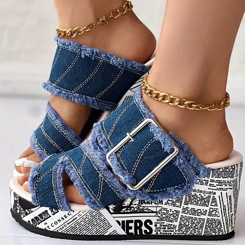 Sandals & Slides — Buckled Denim Platform Wedge Sandals, Y2K Vacation Slides — view 3 of sandals & slides