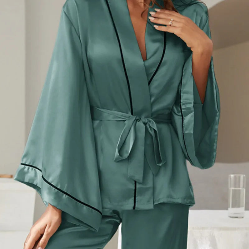 2 Piece Set Women Pajamas Satin Sleepwear Long Flared Sleeve and Long pant Fallow V-Neck Collar Casual