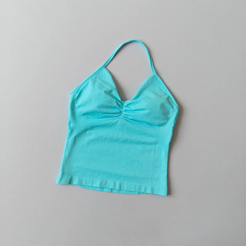 Longline Strappy Yoga Tank &mdash; Seamless Ruched Backless Gym Vest with Built-In Bra — view 6 of sports bras