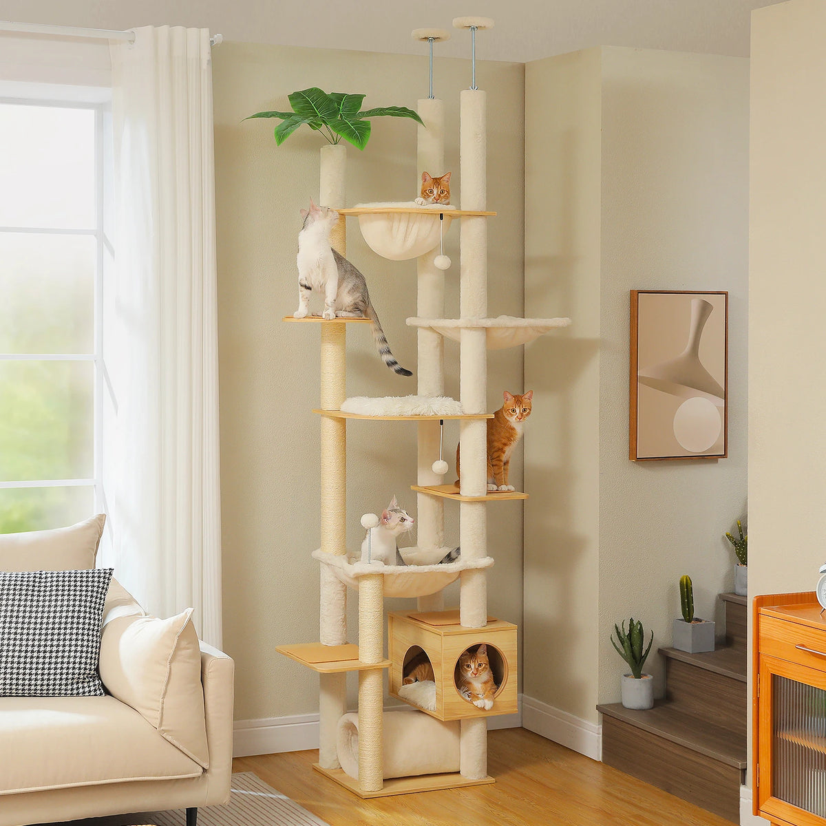Height-Adjustable Wooden Cat Tree with Hammock & Sisal Scratching Post — product photo 1