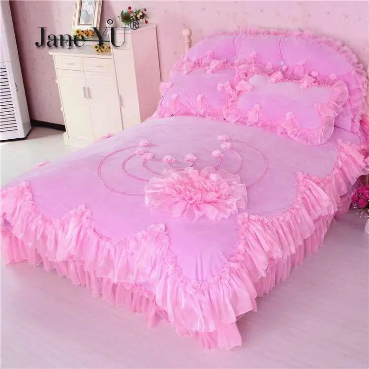 Winter Coral Fleece 4pcs Set Lace Princess Wind Pastoral Padded Plush Bed Skirt Double-sided Fleece Quilt Cover Bedding Sets