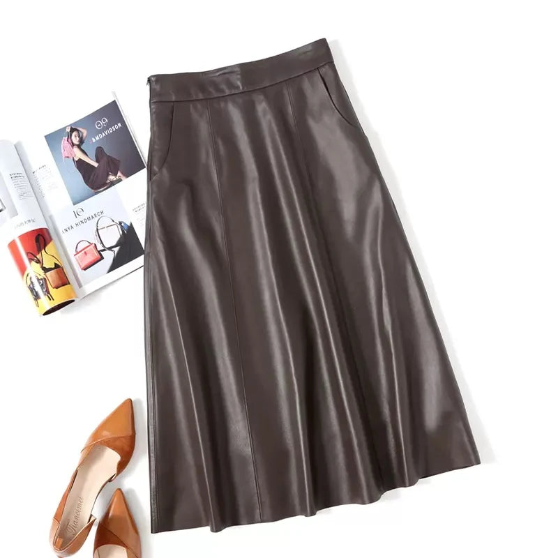 Women A-line Long Leather Skirt 2023 Spring Femme New Sheep Skin Big Hem Pocket Maxi Jupe Mujer Organge Umbrella Faldas Largas