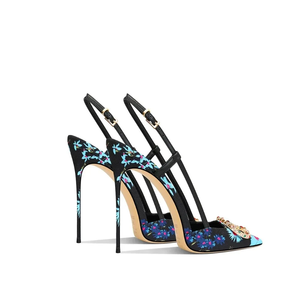 Heels & Pumps — Elegant Black Floral Pointed-Toe Stiletto Heels, Sophisticated Evening Pumps — view 2 of heels & pumps