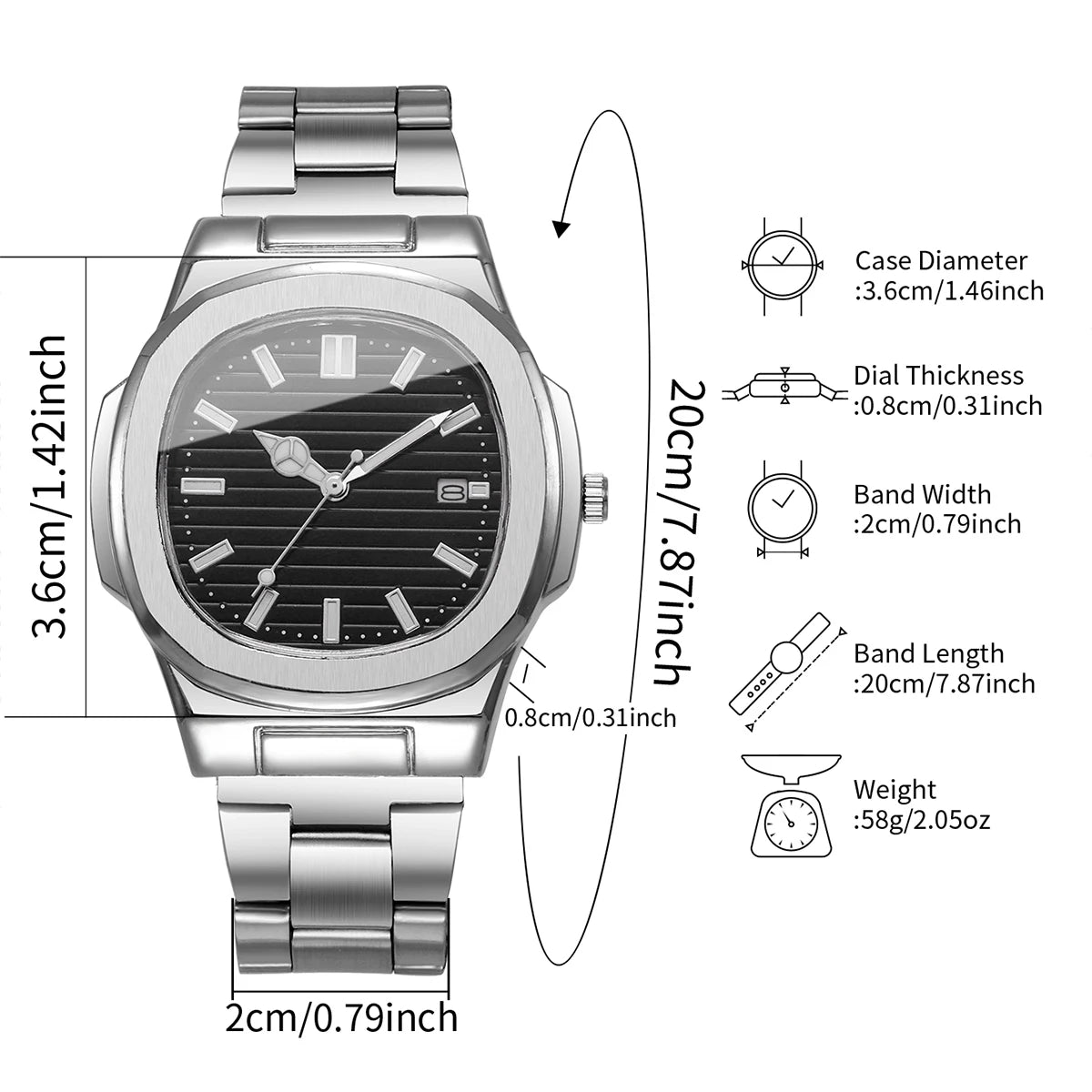 Men's Business Square Dial Watch — Stainless Steel Quartz Calendar Wristwatch — view 6 of watches