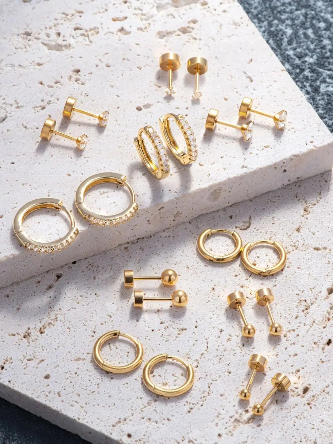 Women's 10-Pair Small Gold Hoop Stud Earring Set — 18K Gold Plated Jewelry — view 7 of jewelry