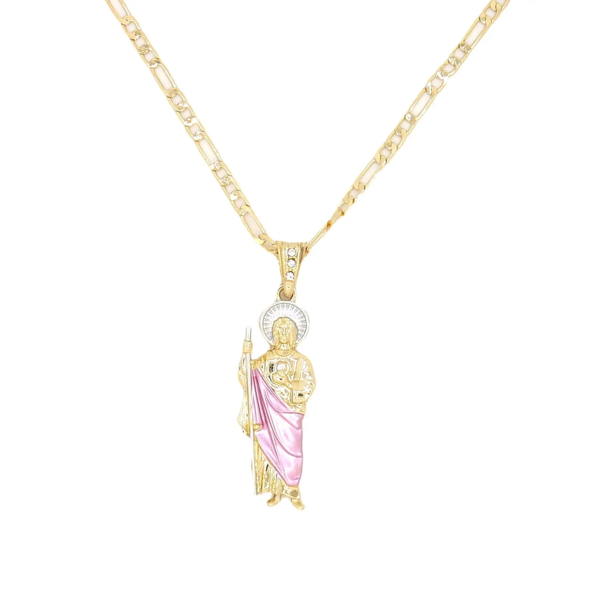 Saint Jude Necklace — 14K Gold Plated San Judas Pendant Figaro Chain Jewelry — view 5 of jewelry