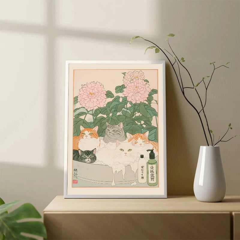Japanese Tabby Cat in Bathtub Canvas Poster &mdash; Retro Japandi Wall Art for Bathroom &amp; Home — view 2 of wall art & prints