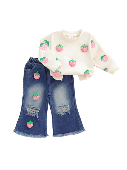Baby Girl 3D Watermelon Sweater Set - Knit Top & Distressed Jeans Outfit — view 1 of baby outfits
