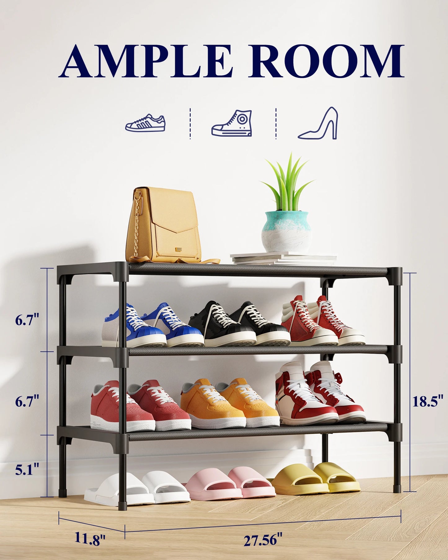 3-Tier Non-Woven Shoe Rack, Closet Storage Shelf Organizer — product photo 2