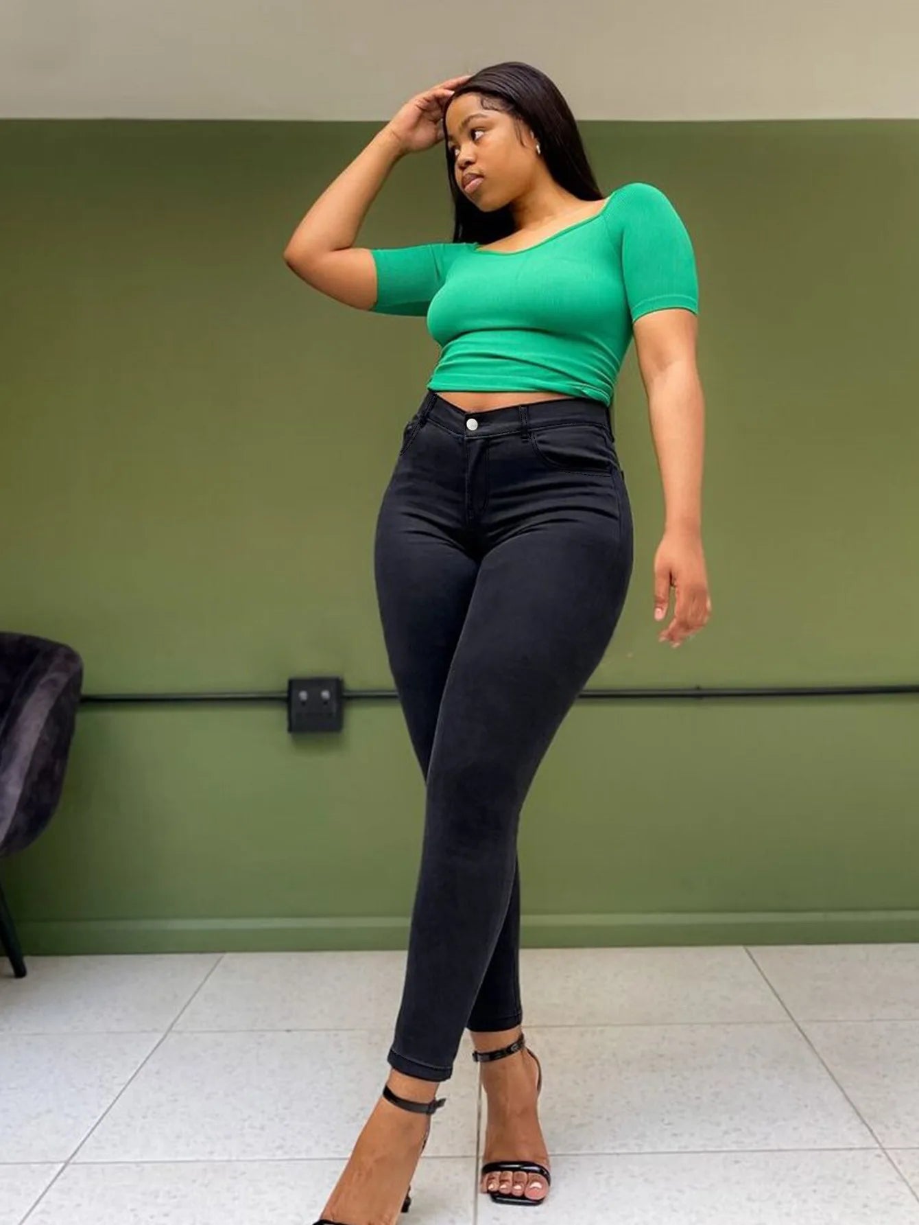 Plus-Size Black Skinny Jeans — Stretch Slim-Fit Elastic-Ankle Pants — detail view