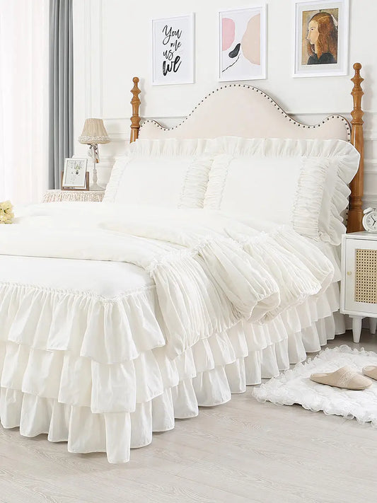 100% Premium Cotton Bedding Four Piece Set, Fairy Wind Lolita White Bed Skirt Bed Sheet Quilt Cover, Ruffle Edge Duvet Cover Set