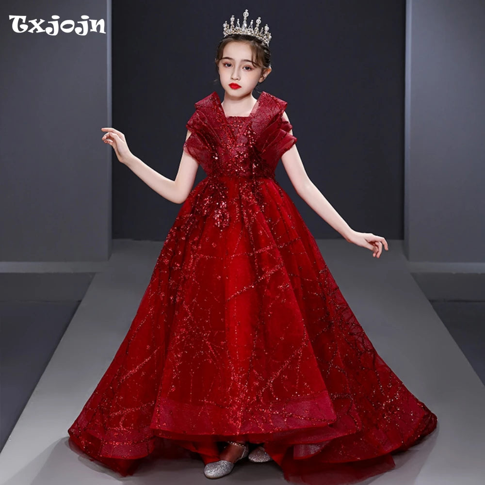 Fashion Red Sleeveless Backless Ball Gown Long With Train Violin Performance Exquisite Sparkly Sequins Evening Dress For Girls