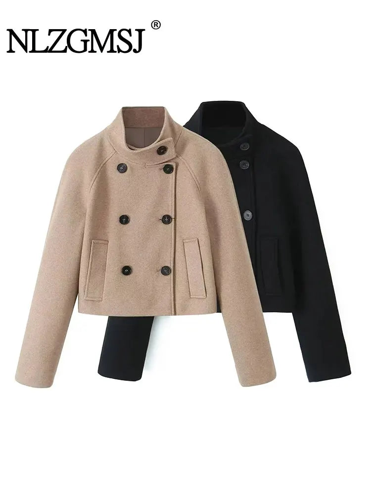 TRAF 2023 Autumn Winter Women's Jacket Thick Double Breasted Wool Blends Loose Coat Holiday Warm Long Sleeve Jackets