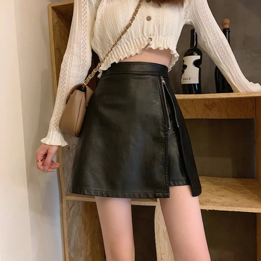 【HOT】Small leather skirt half-body skirt for women spring and autumn new fashion zipper PU leather short skirt slimming high wa — view 5 of product