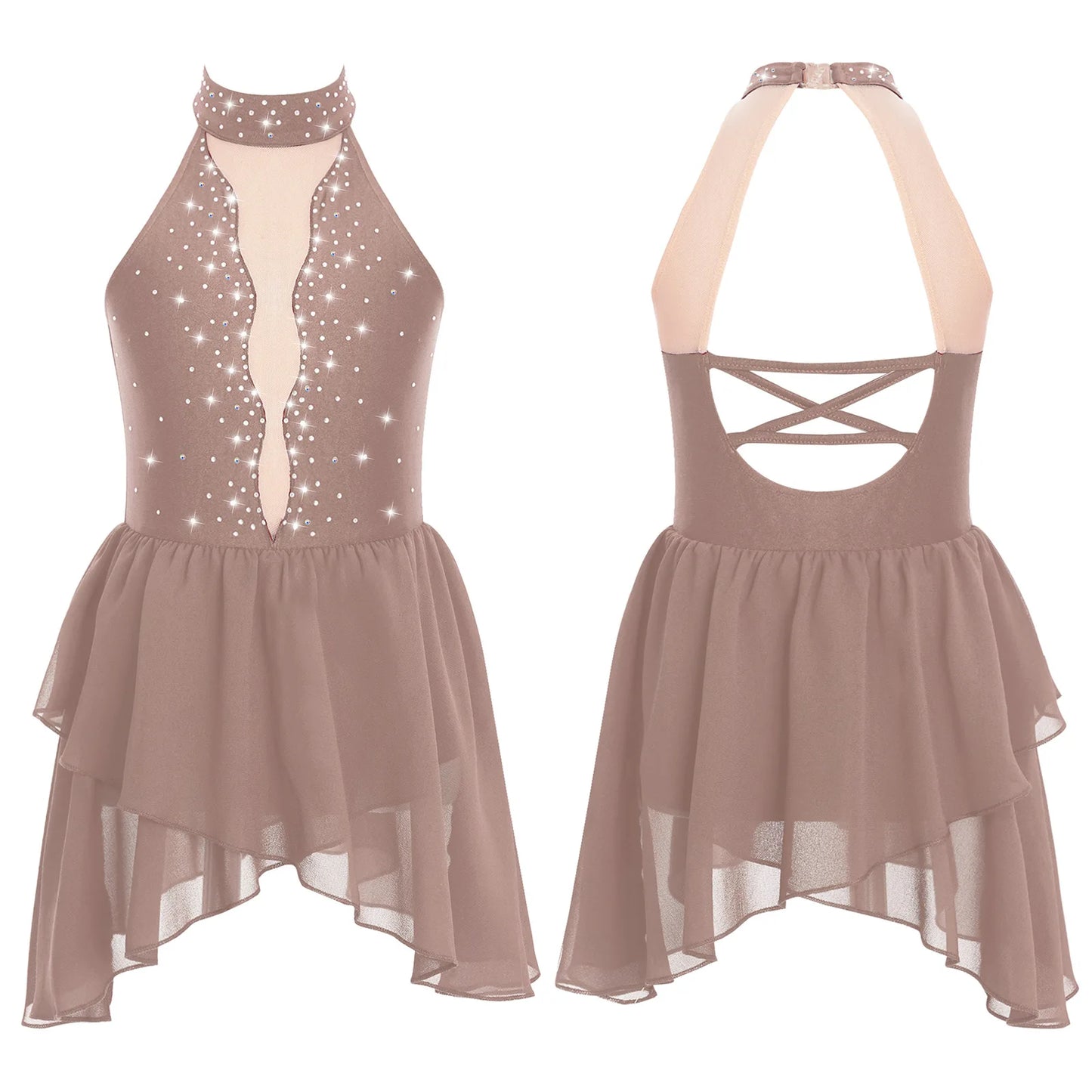 Kids Girls Rhinestone Dance Dress - Ballet Gymnastics Sleeveless Mesh Leotard — view 9 of dance costumes
