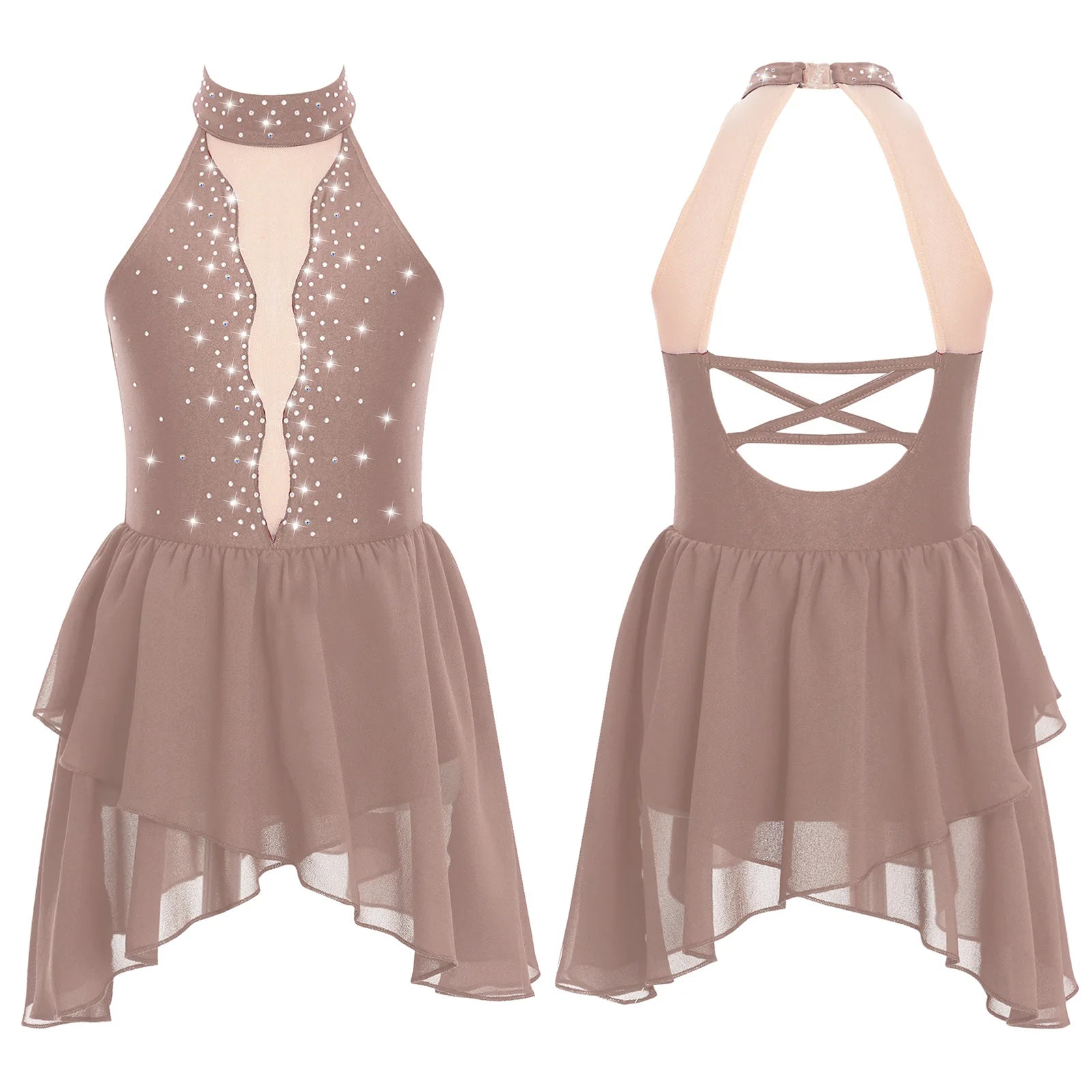 Kids Girls Rhinestone Dance Dress - Ballet Gymnastics Sleeveless Mesh Leotard — view 9 of dance costumes