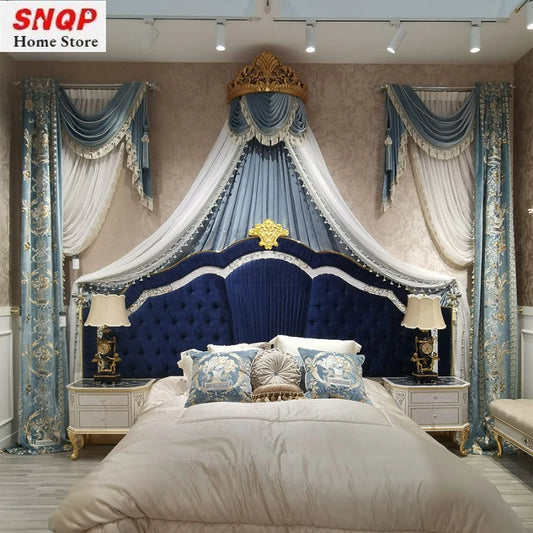 Custom European Palace Velvet Embroidered Curtains – Luxury Bed Valance & Tulle Drapes