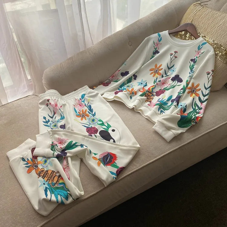 Autumn Vintage Women Floral Printed Two Piece Running Set High Quality Outdoor Sports Suit Sweatshirt Pants Jogging Tracksuit