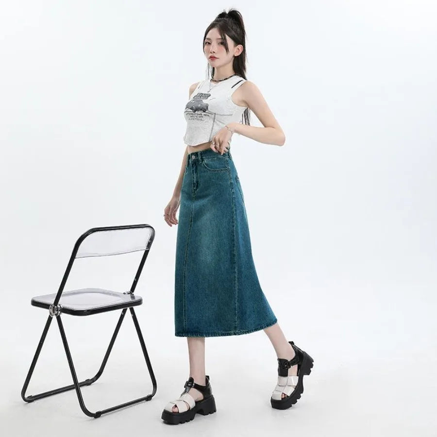 【HOT】New small size medium-length bags covering the flesh covering the -forked retro blue denim bust skirt for women — view 3 of product