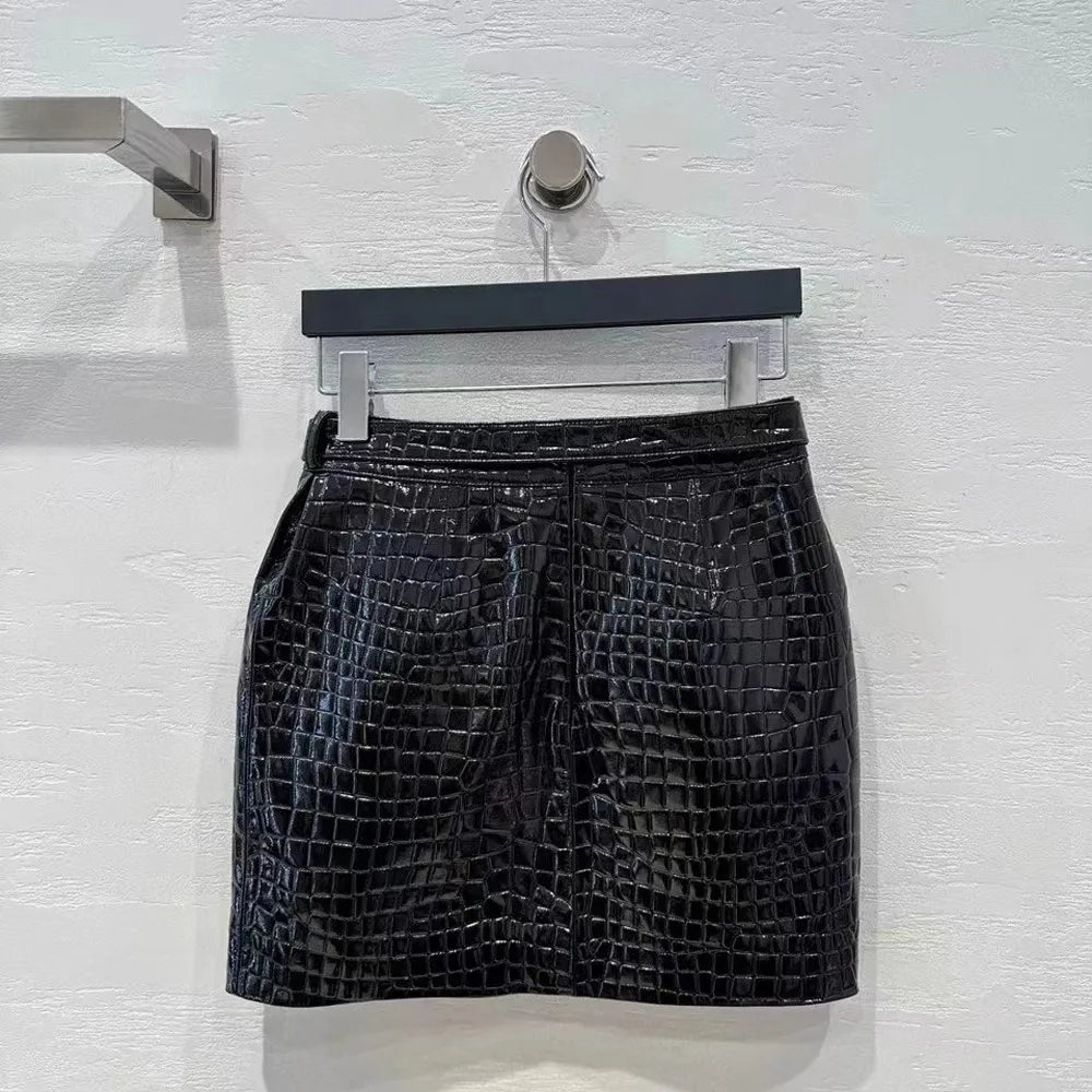 2024 New Crocodile Patterned Real Sheepskin Package Hip Skirt Fashion High Waist Women Front Split Mini Short Skirt Streetwear