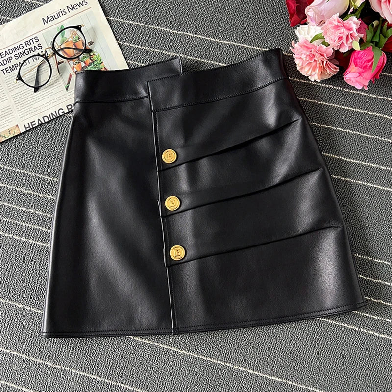 Genuine Leather Sexy Mini Skirt Women Spring Green/White Fashion High Waist Buttons Retro A-line Button Skirt