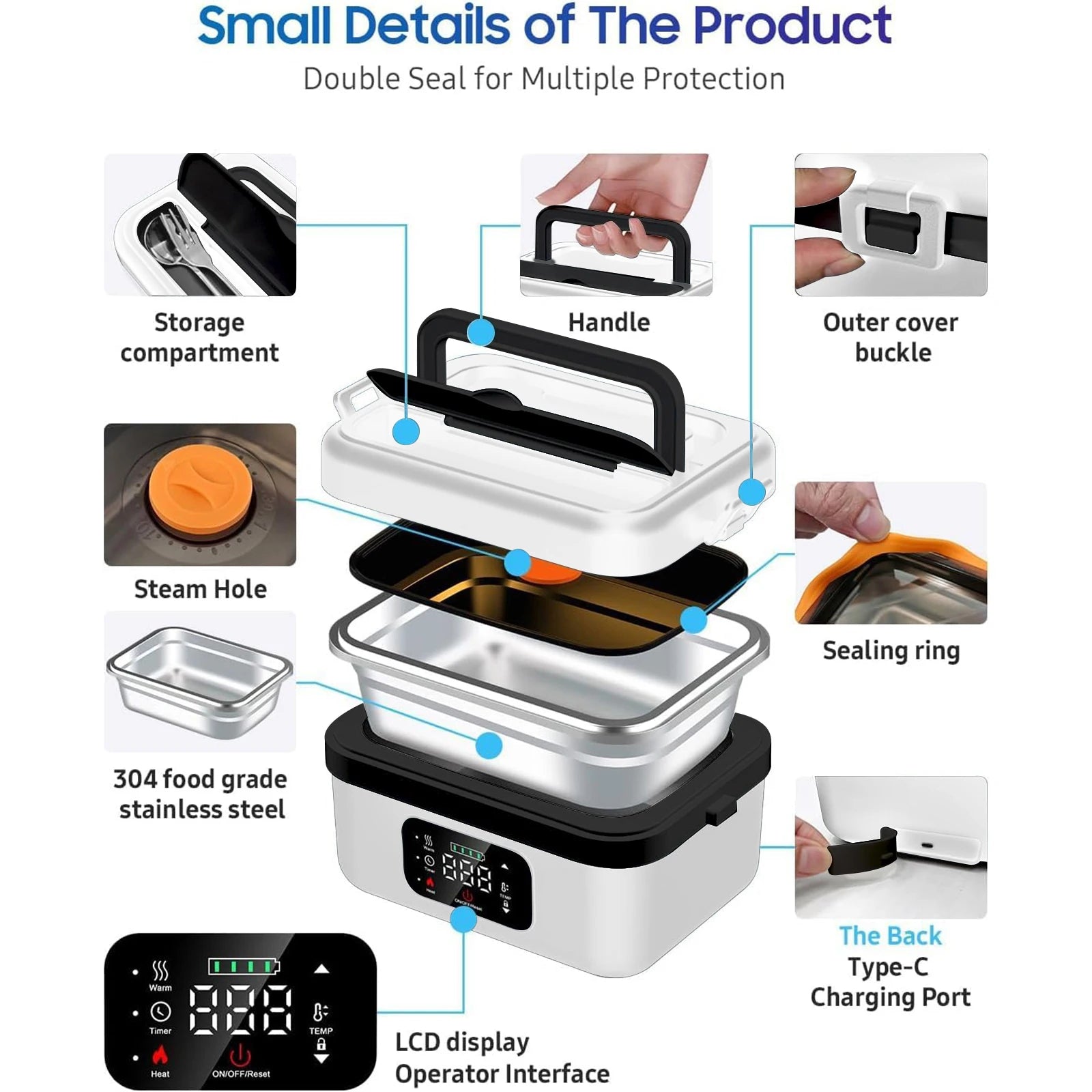 8000mAh Rechargeable Heated Lunch Box 1L Portable Electric Food Warmer with Timer Stainless Steel Container — view 5 of food storage