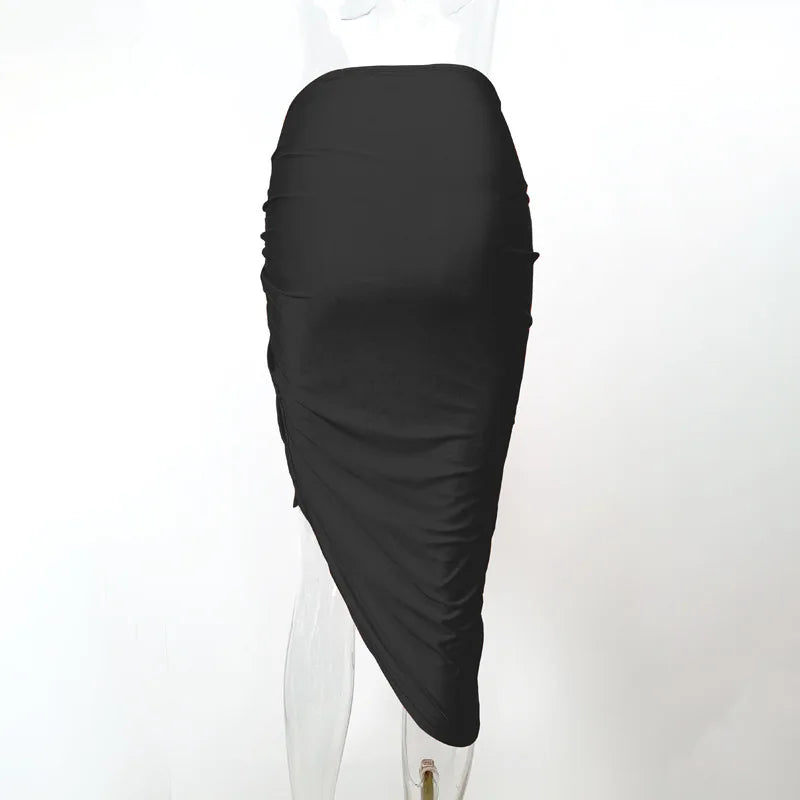 Women New Asymmetrical Shirring Skirt High Waist Pleated Fashion Pencil Skirt Summer Solid Wrap Hip Bold Slim Irregular Skirts