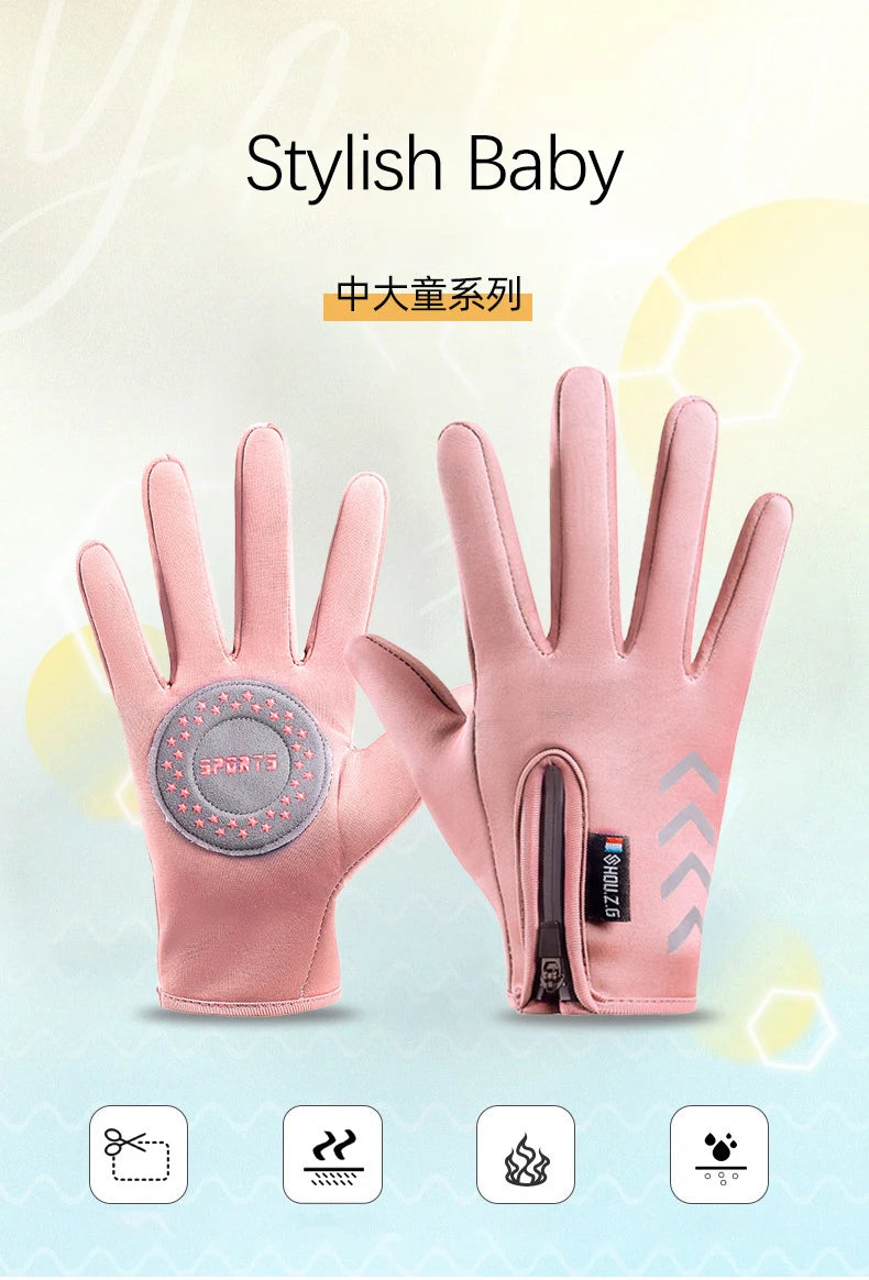 Winter Children's Gloves Cycling Kids Reflect Light Waterproof Non-Slip Fleece Warm Boy Ski Girl Scooter Autumn Gloves Zipper