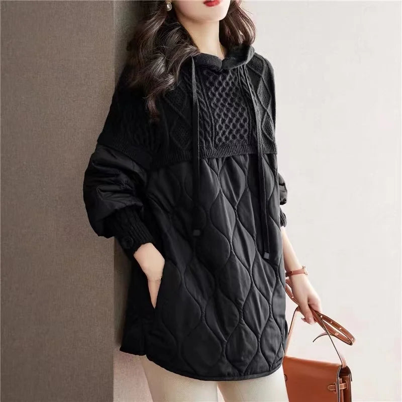 Fake Two Piece Women Midi Hoodies 2024 New Autumn Winter Patchwork Hooded Female Pullover Sweaters Drawstring Parkas