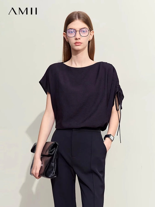 Amii Minimalism 2024 Summer Chiffon Shirts Women Slash Neck Asymmetric Short-sleeve Pleated Loose Blouses Women Tops 12452096