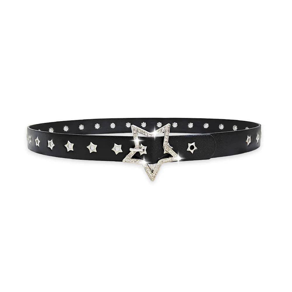 Belts Luxury-style Women's Y2K Belt — Black Waistband with Star Eyelets & Rhinestones — view 4 of belts