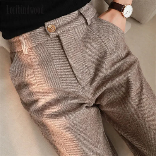 Woolen Pants Women's Harem Pencil Pants 2024 Autumn Winter High Waisted