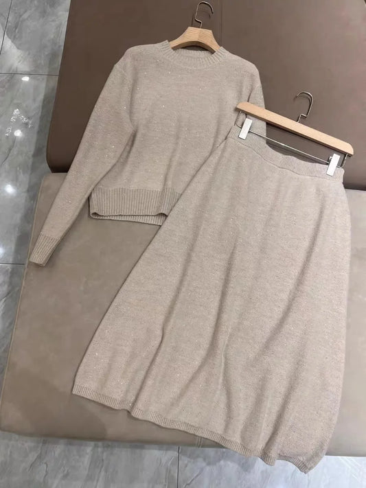 Women Sequin Cashmere Knitted Set A-Line Elastic Waist Midi Skirt or O-Neck Long Sleeve Sweater Elegant Autumn Winter Suit