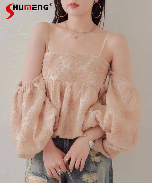 Japanese Elegant Commuter Mesh 3D Cut Flower Square Collar Off-shoulder Puff Sleeve Suspender Tops Short Blouse Shirt For Women