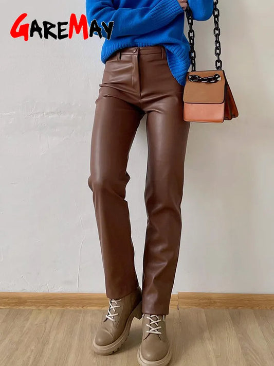 Winter Women's Leather Pants Black Slim Zipper Classic Leather Trousers Pencil Beige Tight 2024