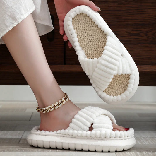 Women's Linen-Sole Home Slippers — Open-Toe Cross-Band Indoor Slides — view 1 of sandals & slides