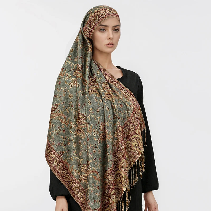 Pashmina Scarf European Bohemia Paisley Jacquard — Museum-Piece Cashmere Shawl Wrap 70×190cm — view 18 of scarves & wraps
