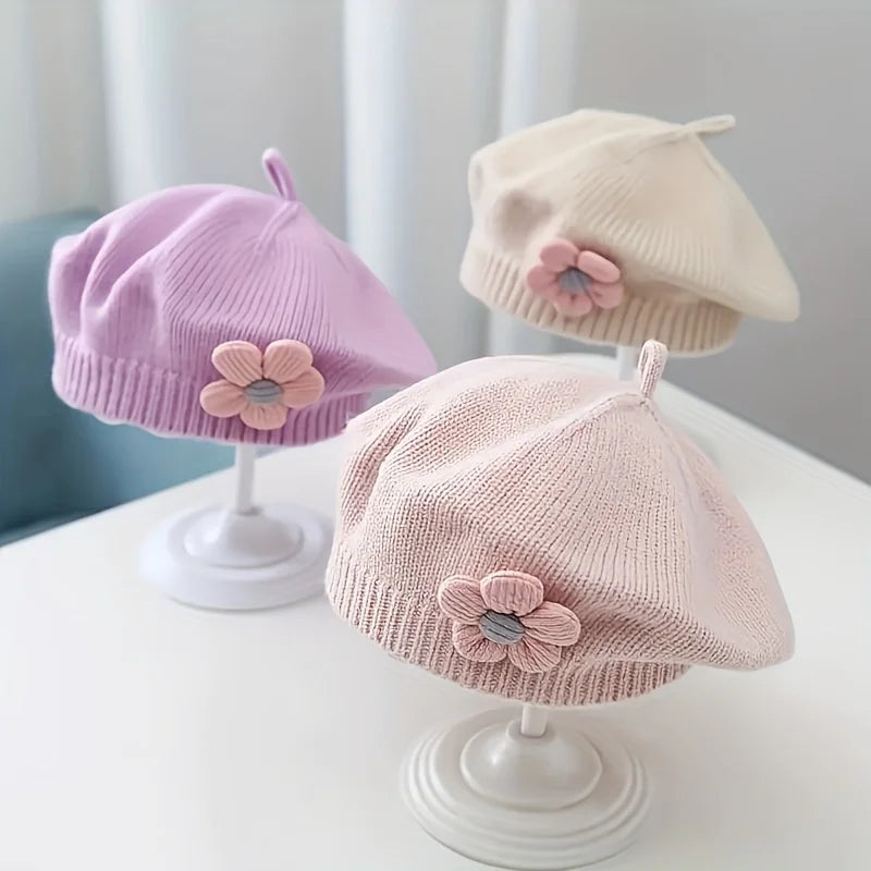 Flower Baby Beret Hat - Knitted Painter Cap for Infant Girls, Cute Toddler Princess Beret — view 1 of baby hats