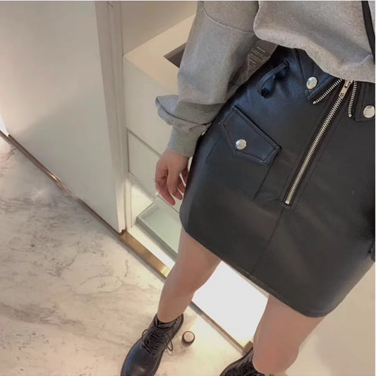 New Short Skirt Women Soft Real Leather Sheepskin Design High Waist Thin Shorts Female Street Sexy Mini