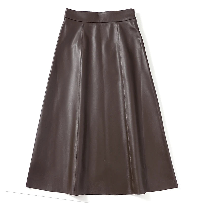 Women A-line Long Leather Skirt 2023 Spring Femme New Sheep Skin Big Hem Pocket Maxi Jupe Mujer Organge Umbrella Faldas Largas