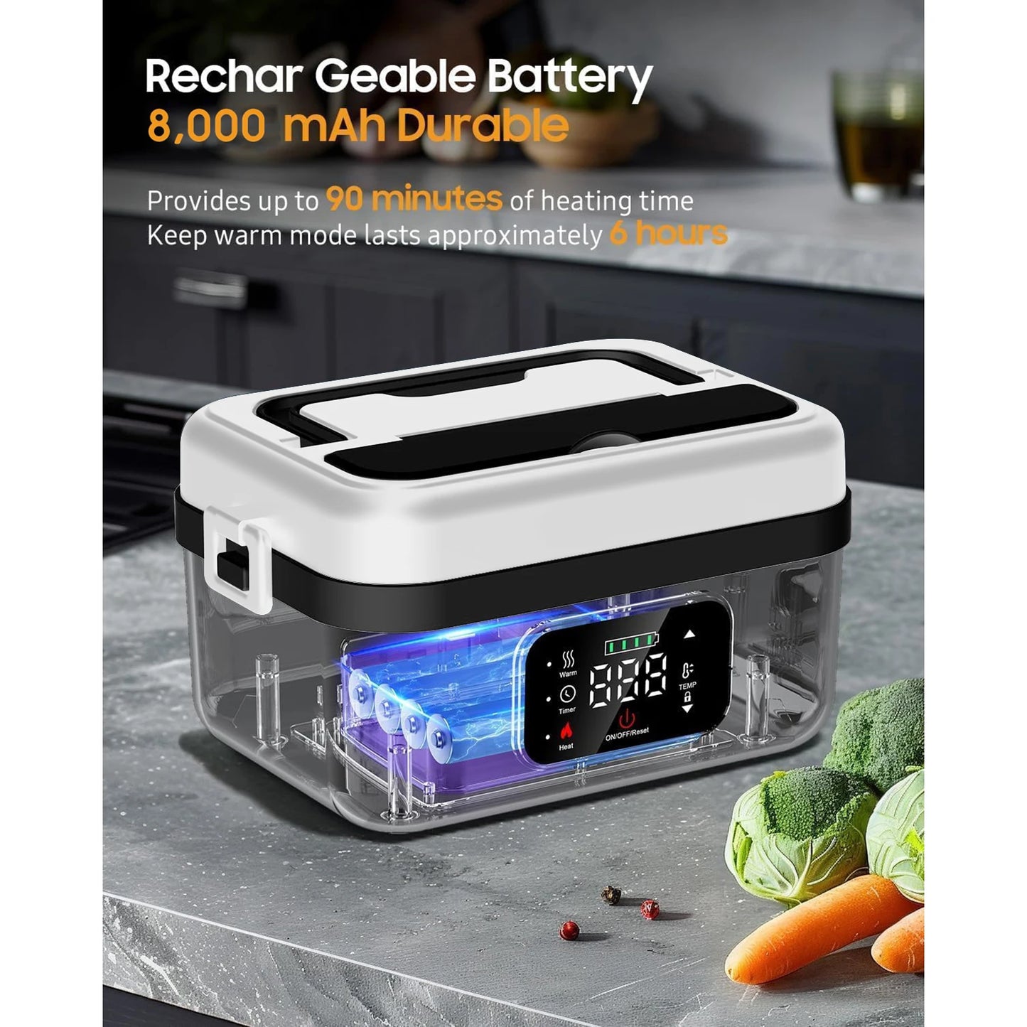 8000mAh Rechargeable Heated Lunch Box 1L Portable Electric Food Warmer with Timer Stainless Steel Container — view 2 of food storage