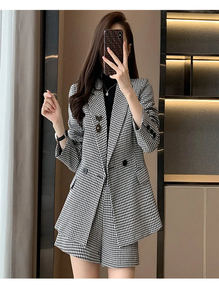 Tesco Plaid Blazer and Shorts Pant Suit For Women Fashion Casual Women Set for Office Lady  Form party chandal mujer