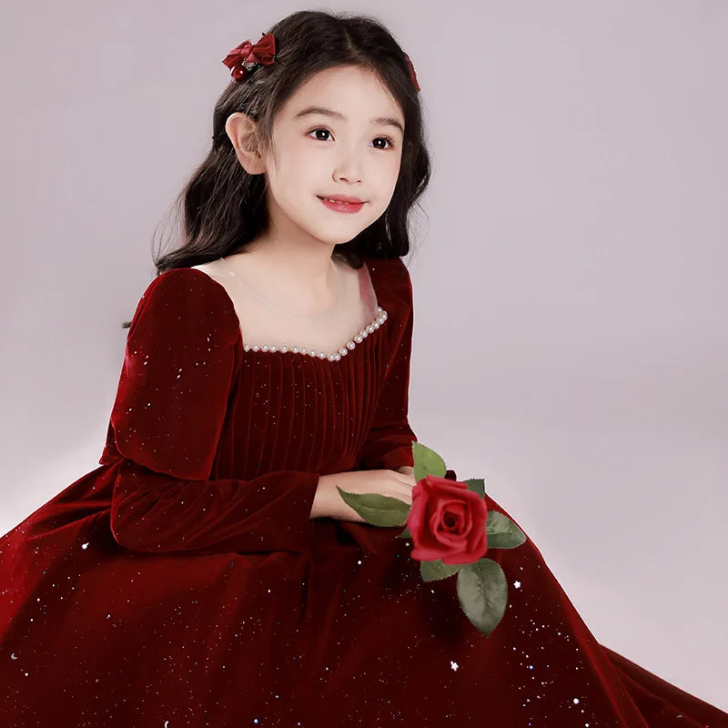 Teenmiro Hostess Costume for Children Girls Chinese New Year's Party Dress Infants Red Sequins Beading Ball Gown Teens Partywear