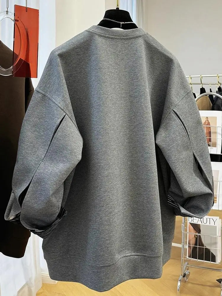 Autumn and Winter Women's Pullover Round Neck Hoodie Lazy Style Splicing Design Fake Two Piece Loose Long Sleeve Tops