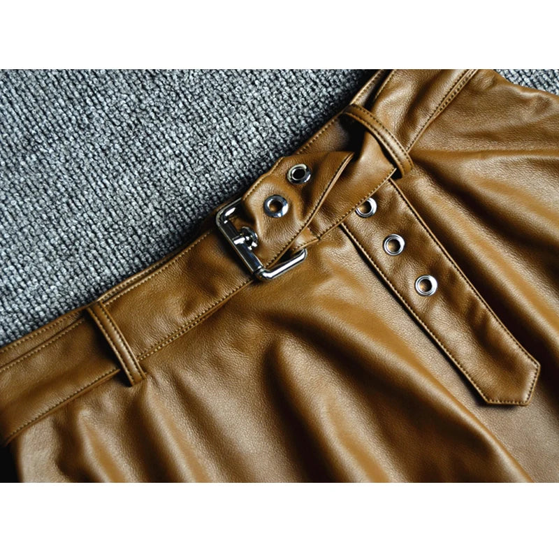 Genuine Sheepskin A-line Skirt Women High Waisted Large Swing Skirt 2024 Fall New Female Brown Short Casual Real Leather Skirt