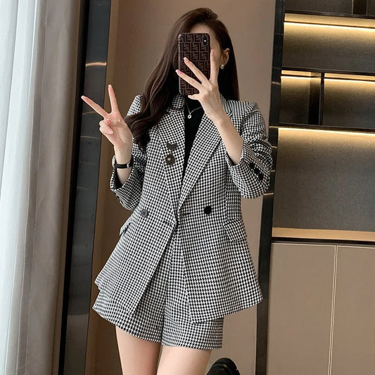 Tesco Plaid Blazer and Shorts Pant Suit For Women Fashion Casual Women Set for Office Lady  Form party chandal mujer