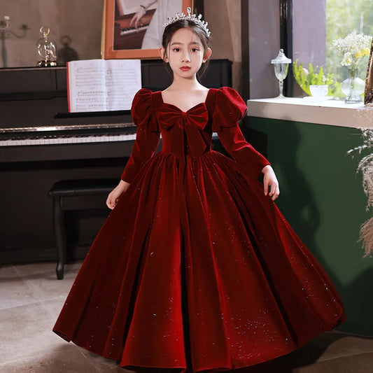 2024 Teenmiro Prom Dress for Girls Children Elegant Red Velvet Long Evening Dresses Kid Luxury Evening Ball Gown Teens Partywear